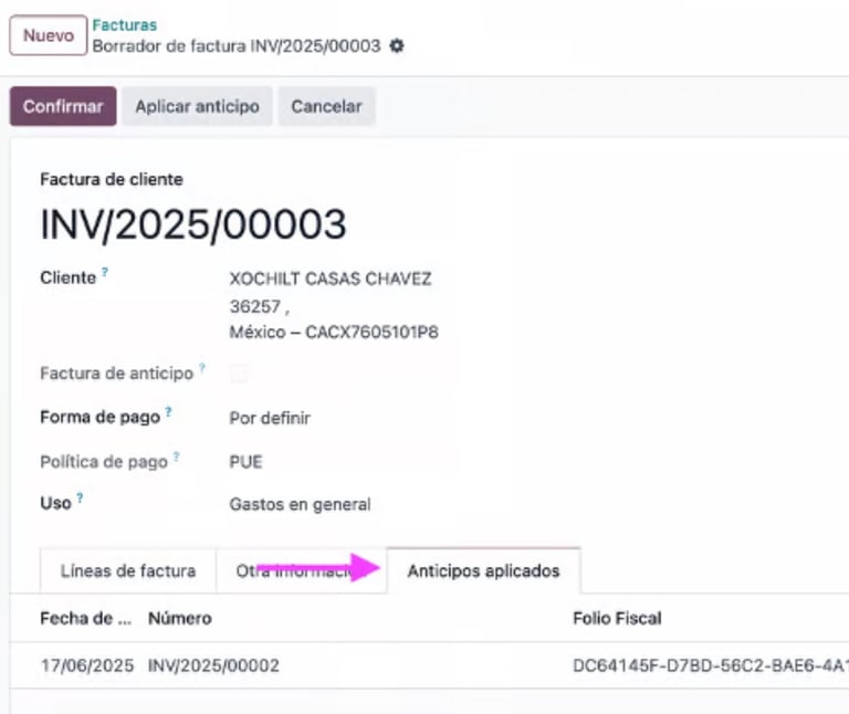 Control de anticipos