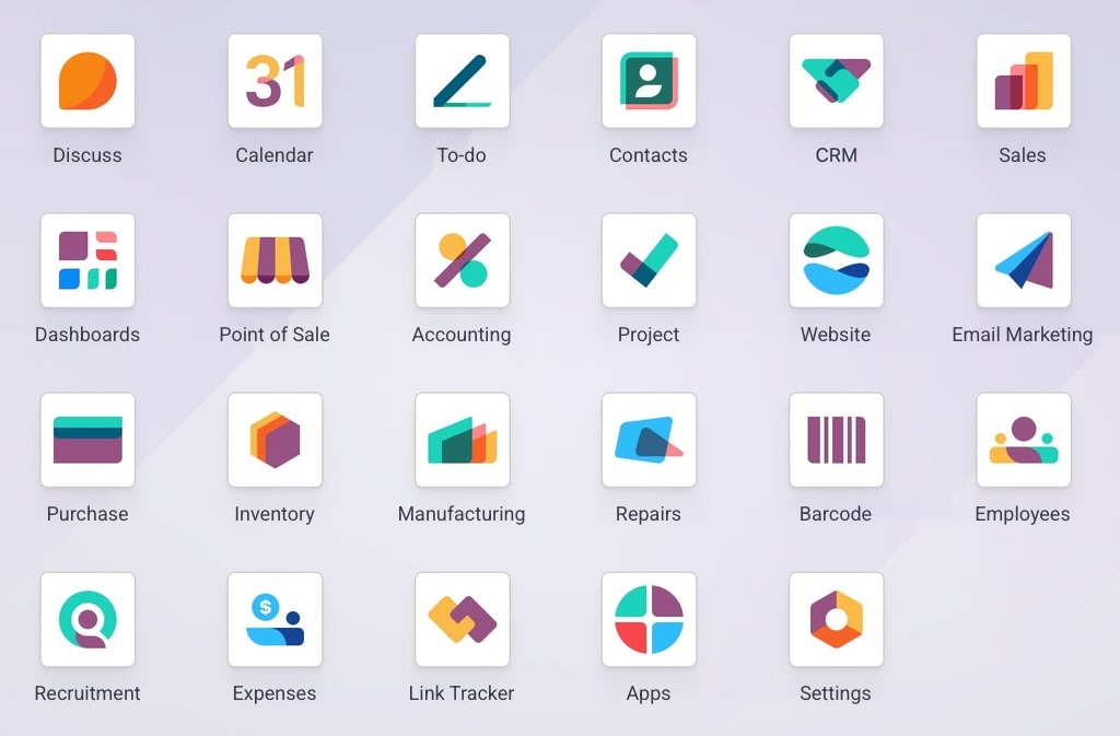 Odoo ERP apps: sales, inventory, purchasing, accounting, manufacturing and point of sale