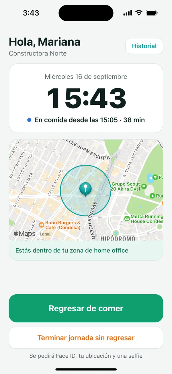 Idenua mostrando a la empleada en comida desde las 15:05 con 38 minutos transcurridos y el mapa de su geocerca