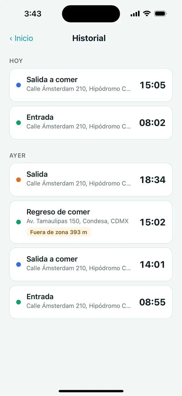 Historial de checadas en Idenua con una checada marcada fuera de zona a 393 metros