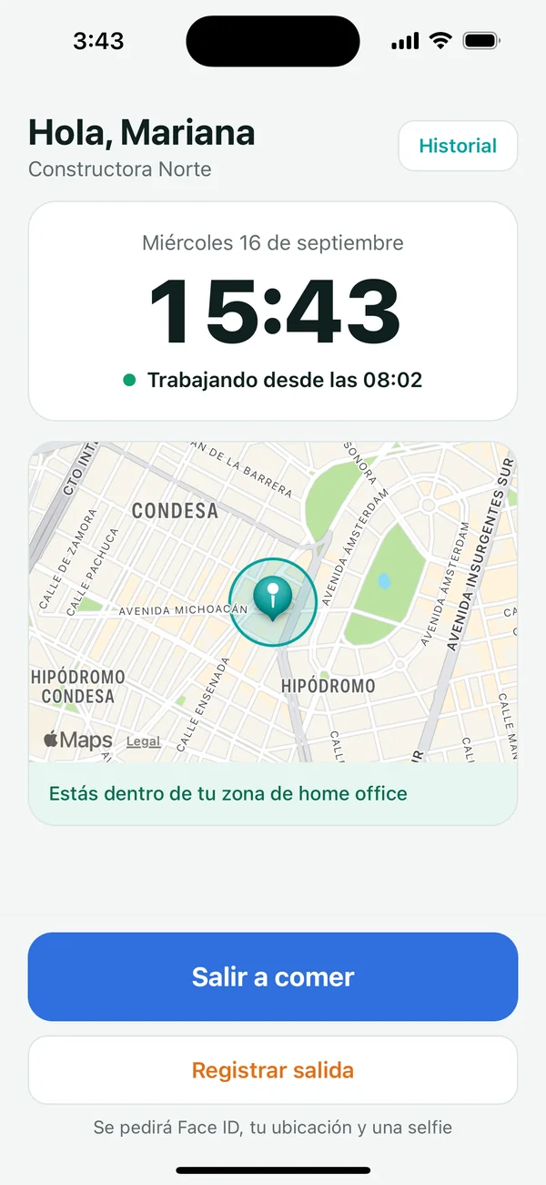 App Idenua: empleada trabajando desde casa, dentro de su geocerca, con botones Salir a comer y Registrar salida