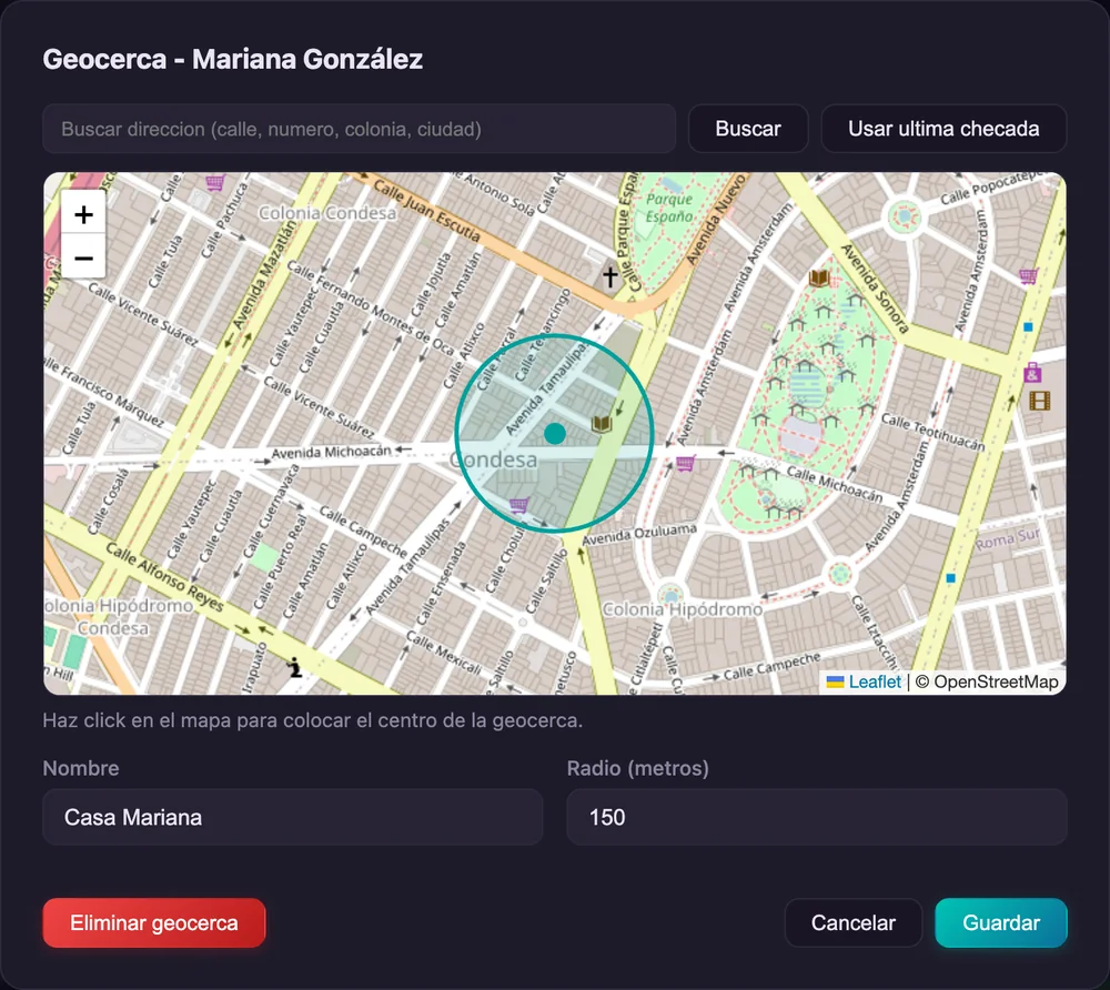 Editor de geocerca en Idenua: mapa con el domicilio de home office de una empleada y un radio de 150 metros