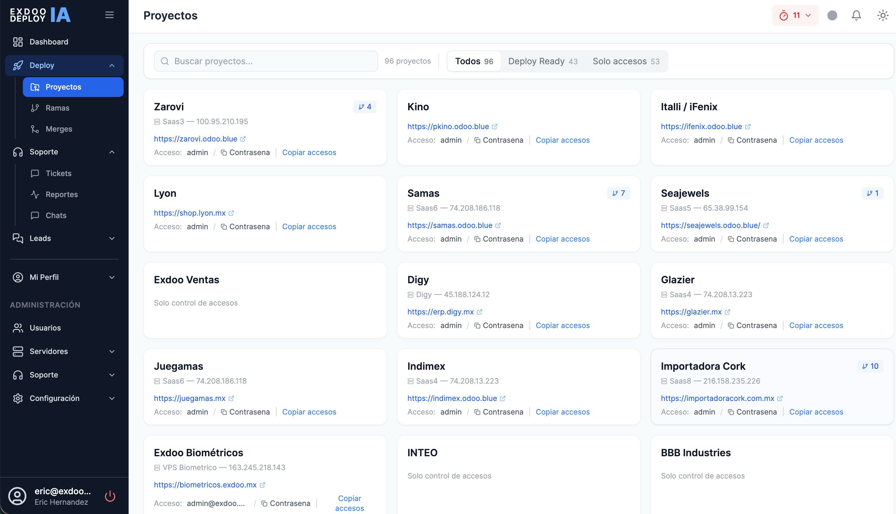 Vista de proyectos de Exdoo Deploy IA