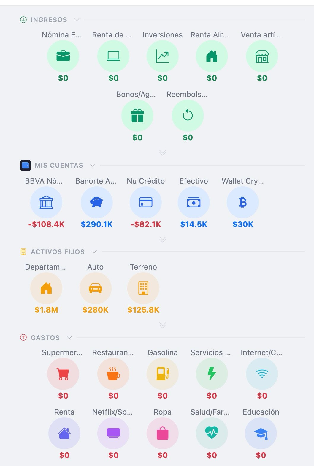 Vista de cuentas con íconos categorizados