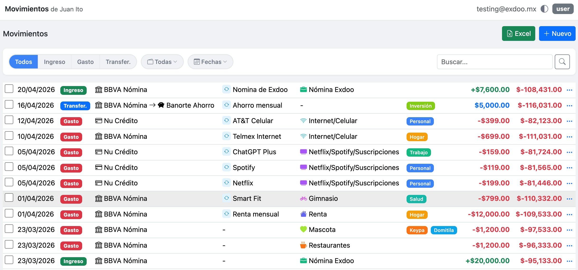 Lista de movimientos con filtros