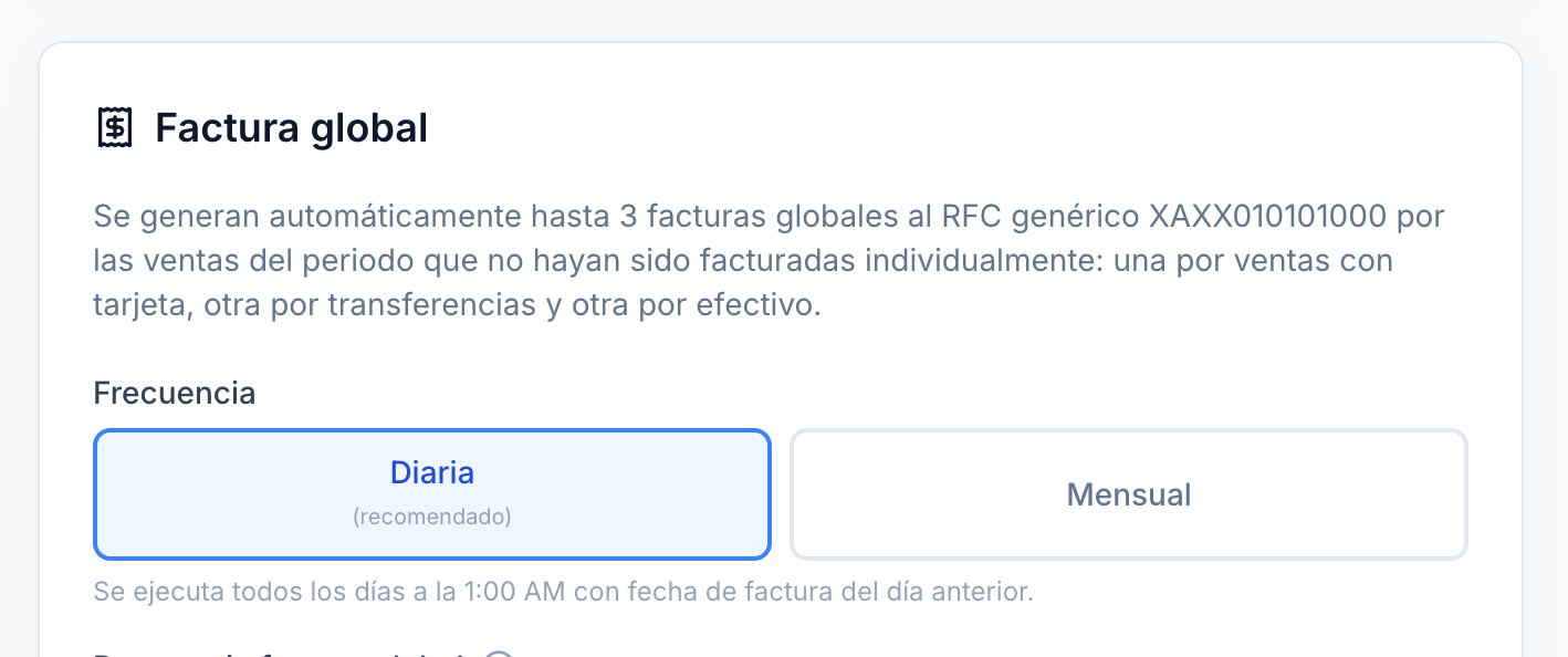 Configuración de factura global en Mr Wash