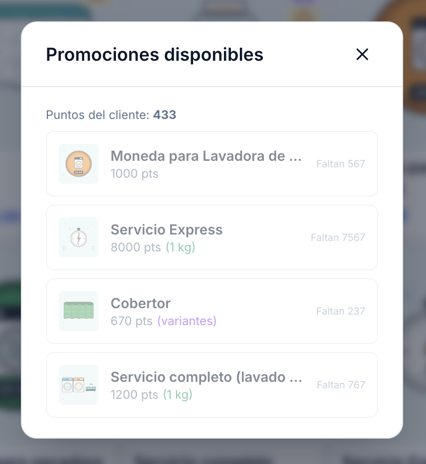 Modal de promociones disponibles según puntos del cliente