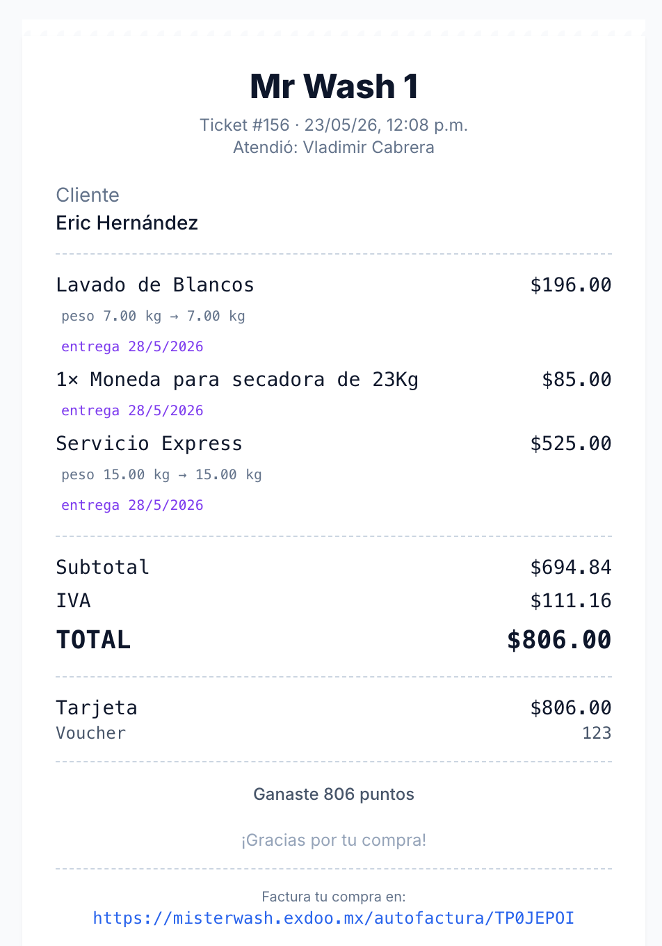 Ticket impreso de Mr Wash con link de autofactura