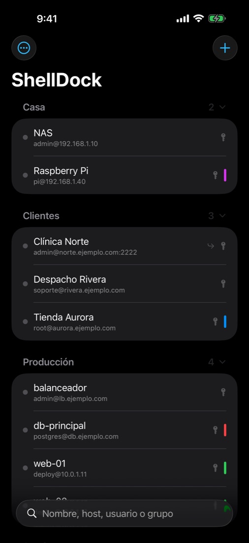ShellDock: servidores por grupo en iPhone