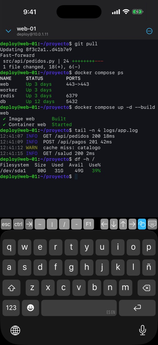 ShellDock en iPhone: terminal con teclado de atajos