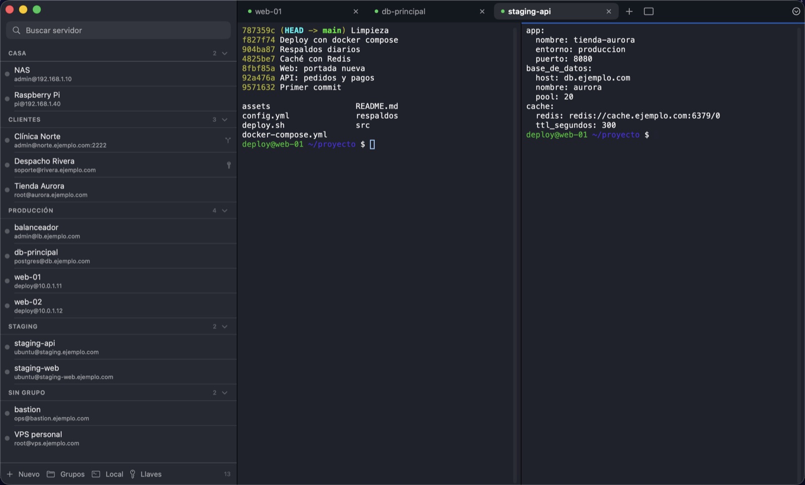 ShellDock en Mac: servidores por grupo y terminal dividida