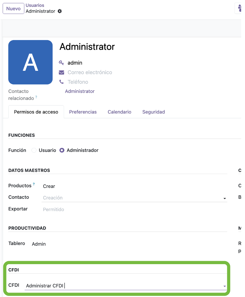 Permiso CFDI «Administrar CFDI» en la pestaña Permisos de acceso del usuario en Odoo