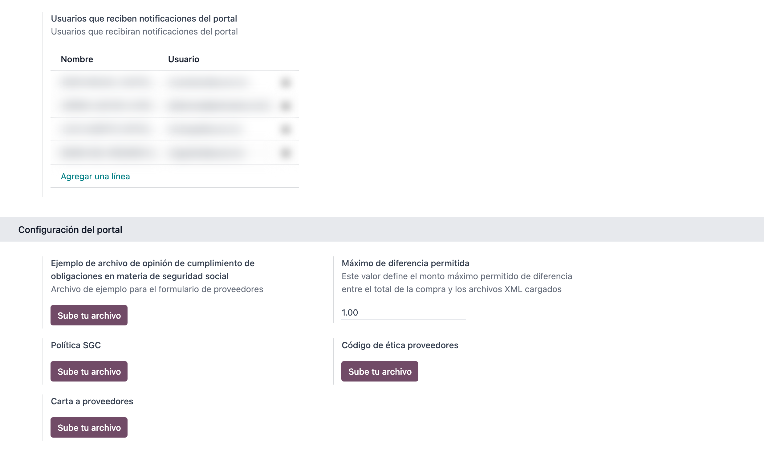 Ajustes de Compras en Odoo: usuarios notificados, archivo de ejemplo, máximo de diferencia permitida y políticas en PDF