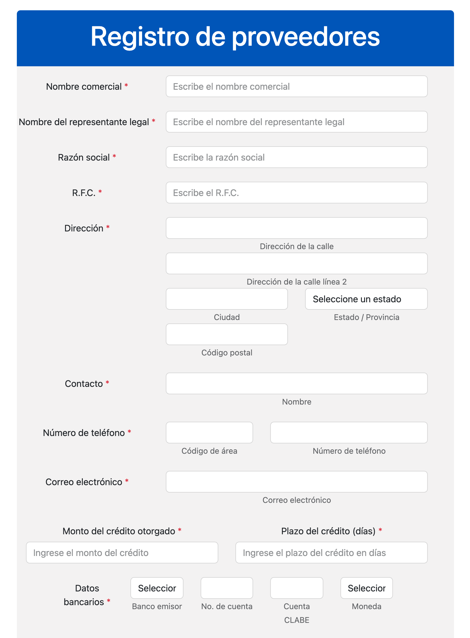 Formulario de alta de proveedores en el sitio web de Odoo: datos generales, dirección, contacto, crédito y datos bancarios