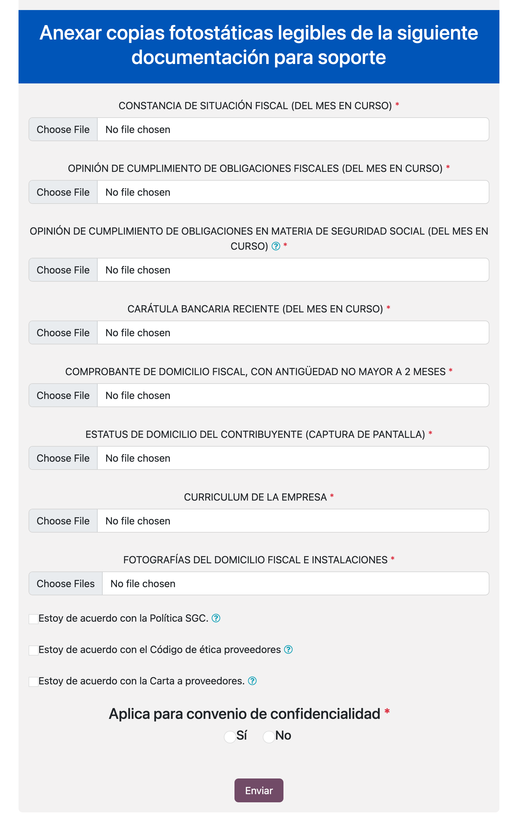 Documentación de soporte, aceptación de políticas y convenio de confidencialidad en el alta de proveedores
