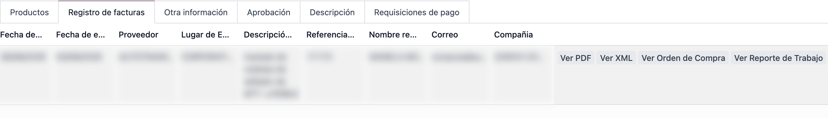 Pestaña Registro de facturas en la orden de compra de Odoo con botones para ver PDF, XML, orden de compra y reporte de trabajo