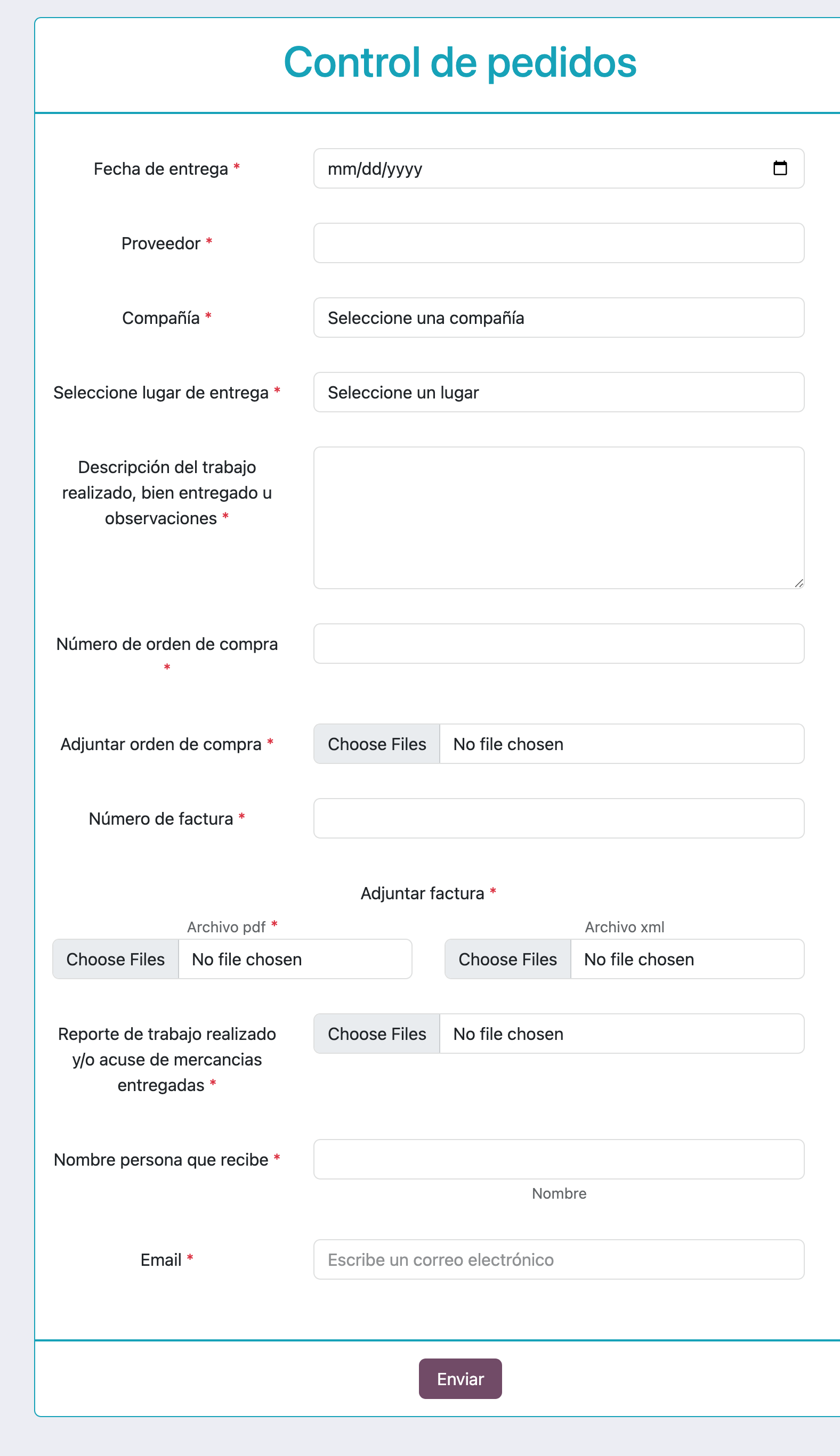 Formulario de registro de facturas del portal de proveedores en Odoo con orden de compra, PDF y XML